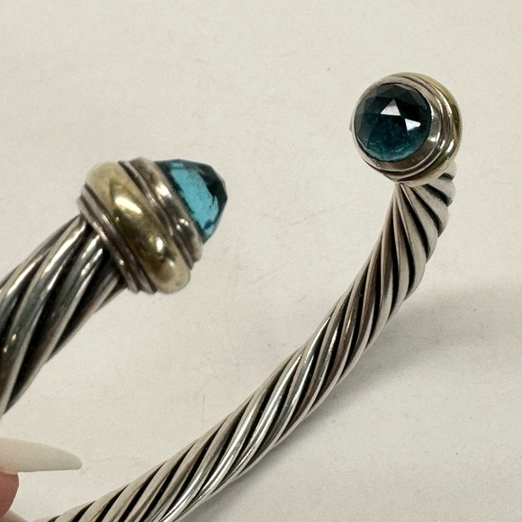 David Yurman 7mm Blue Topaz Cable Classic Cuff Bracelet .925/14K - Picture 10 of 10